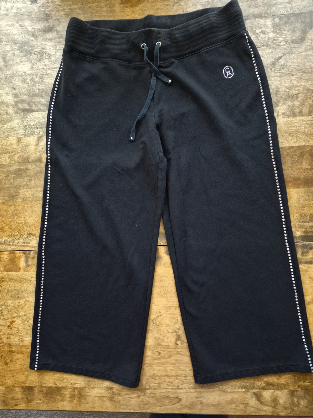 Christine Alexander Womens Med  Blk Capri Crop Pants Lounge Swarovski trim Logo